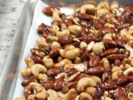 Mixed nuts about to go into the oven.