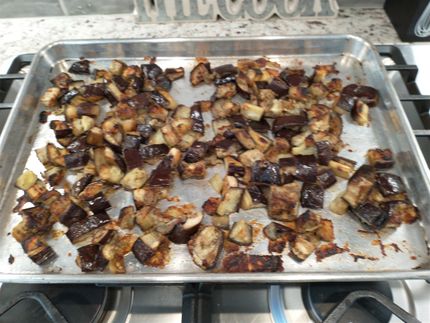 Shortcut to bake instead of frying the eggplant cubes.