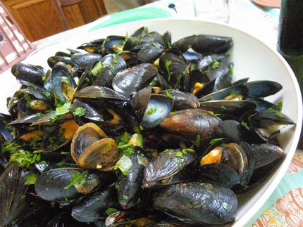 Cooked mussels. Get that toasted Italian bread.